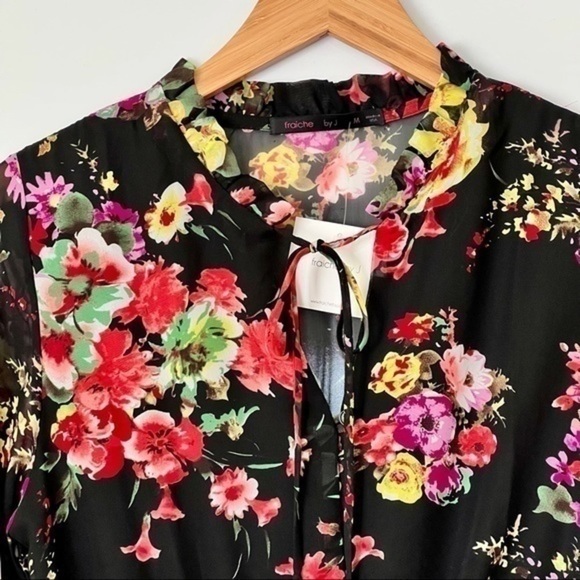 NEW Fraiche By J Dress Black Multi Floral Sheer Long Sleeve Women’s Dress Size M - Picture 5 of 11
